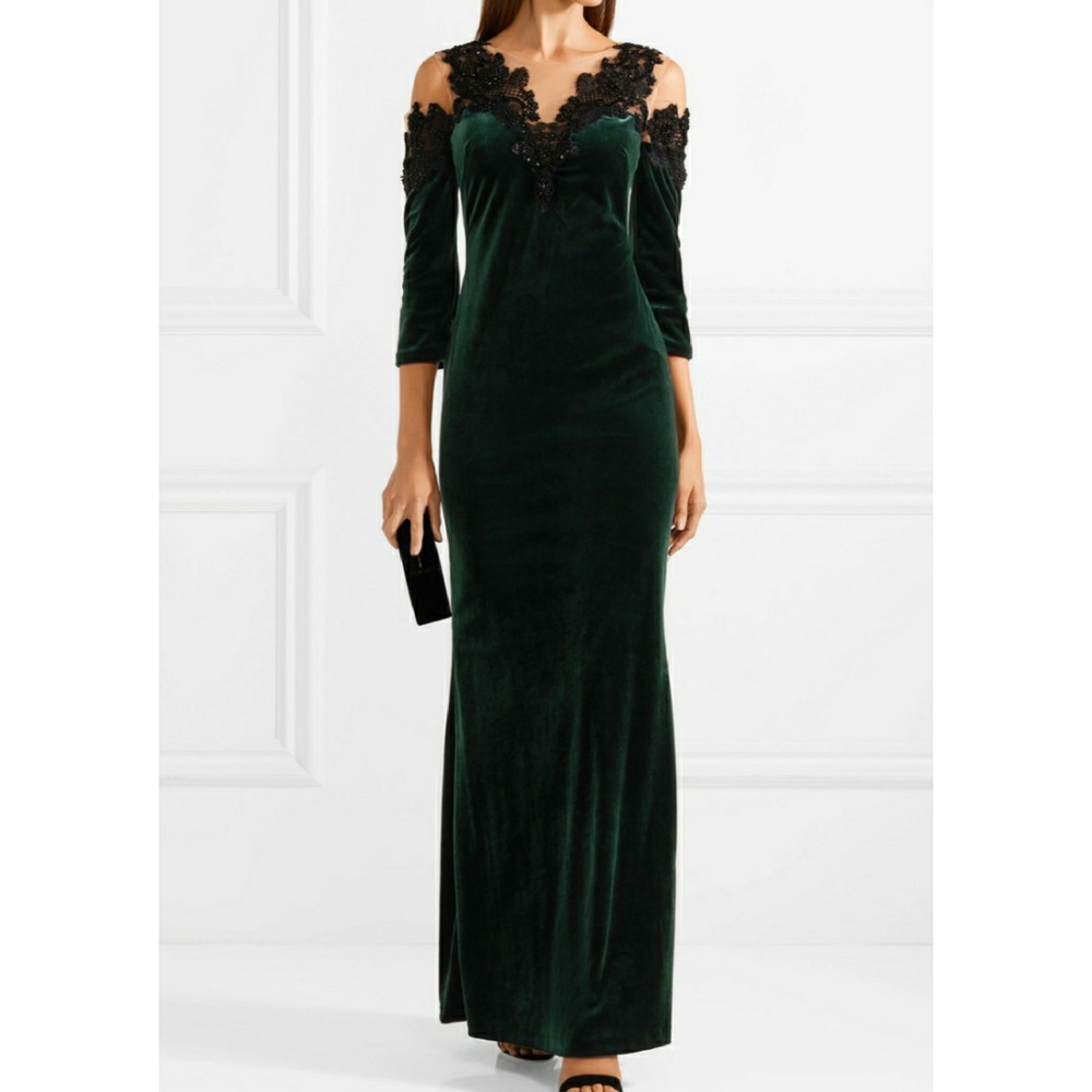 Marchesa Notte Dark Green Velvet Gown